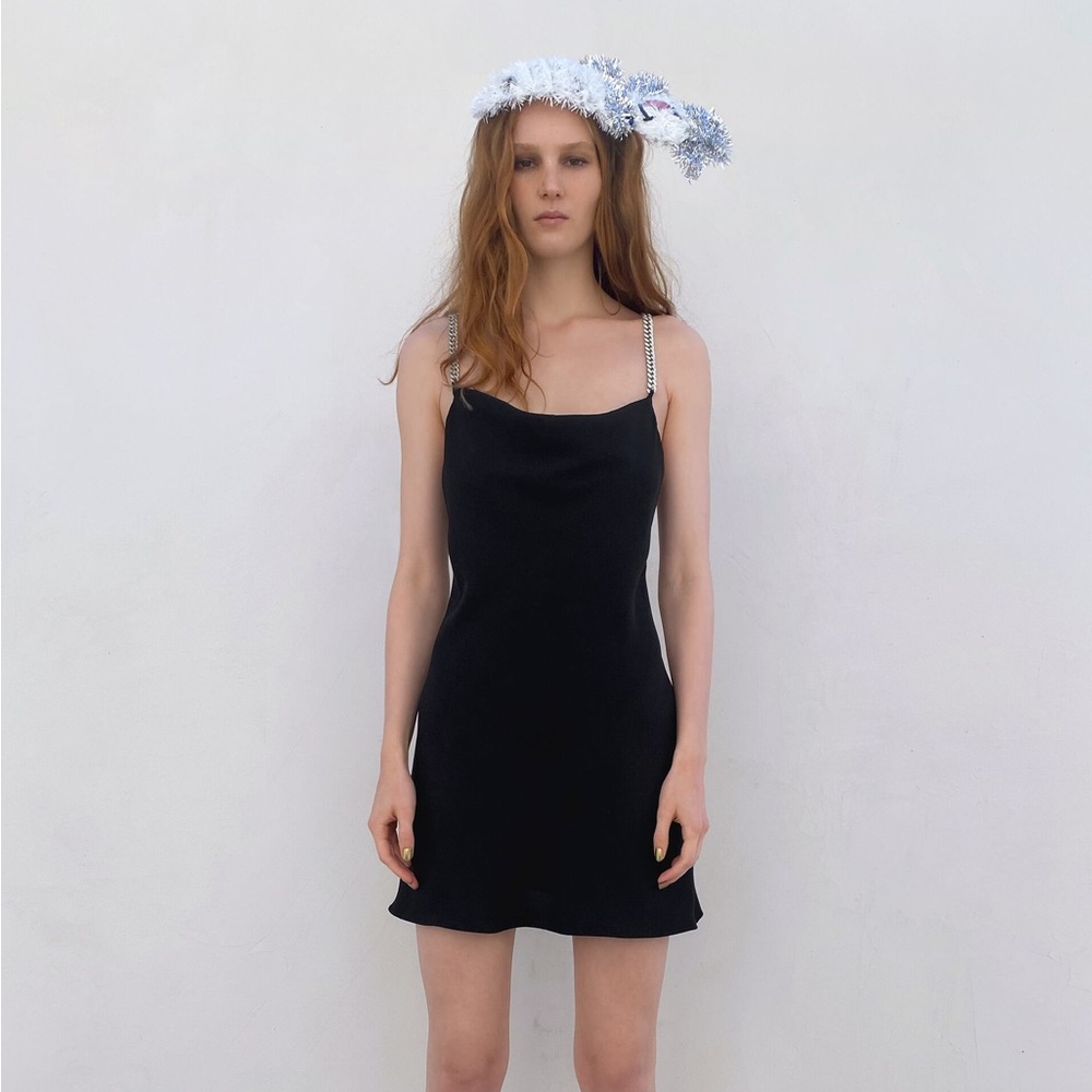 Zara Black Rhinestone Chain Straps Cowl Neckline Mini Dress